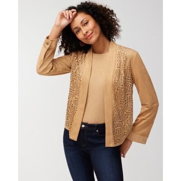 Chico’s Easy Faux Suede Perforated Jacket in Arabian Camel Size 12 - Picture 1 of 13